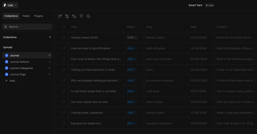 The imported blog in Framer CMS: a Journal collection with linked Authors, Categories and Tags collections