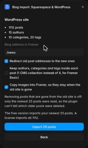 Blog Import reading a live WordPress site: 1112 posts, 15 authors, 10 categories and 20 tags, with options for redirects and copying images