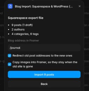 Blog Import reading a Squarespace export: 9 posts, 1 draft, 2 authors, 4 categories, 6 tags, with options for redirects and copying images