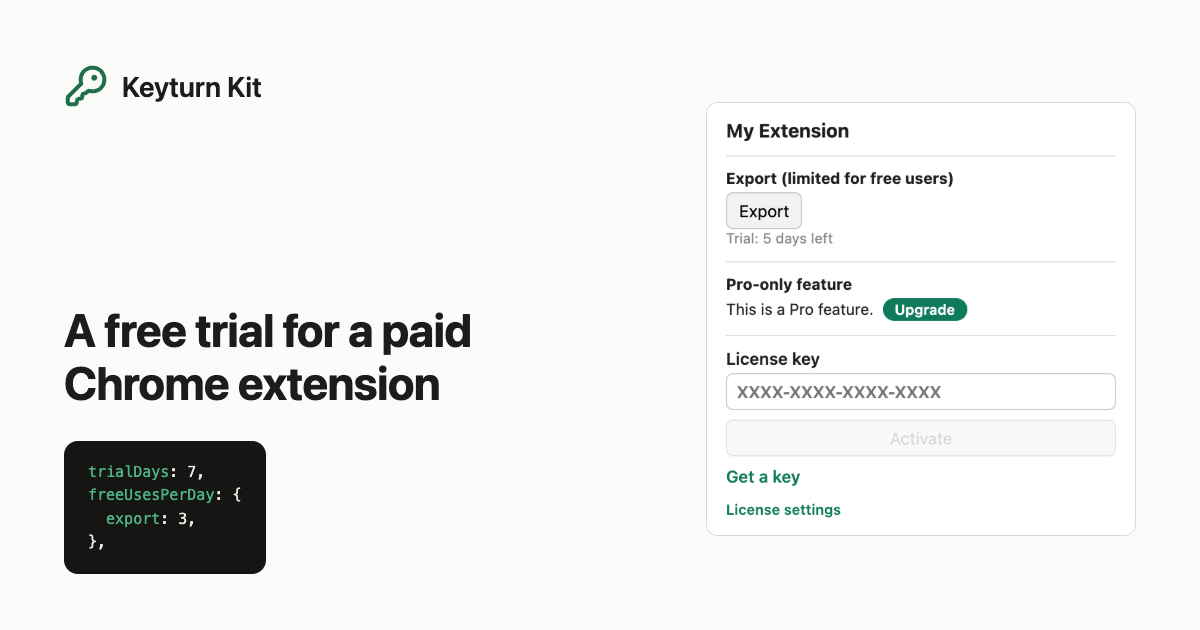 Keyturn Kit Pro popup showing an export button and 5 trial days left, next to the trial lines of its config file