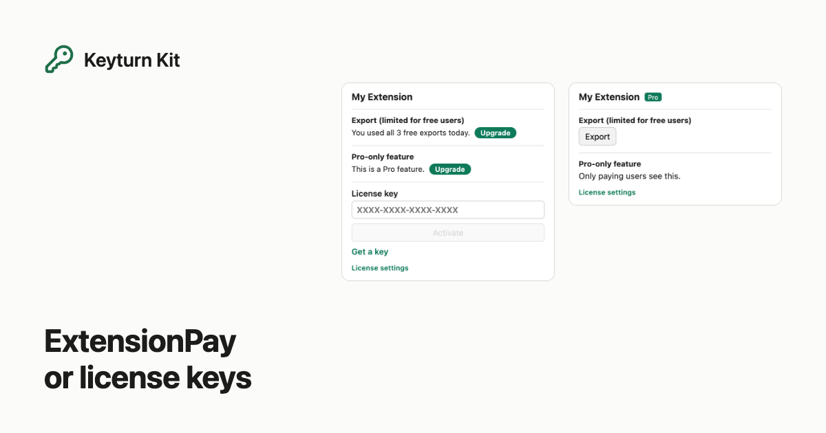 Keyturn Kit popup before and after a license key is activated