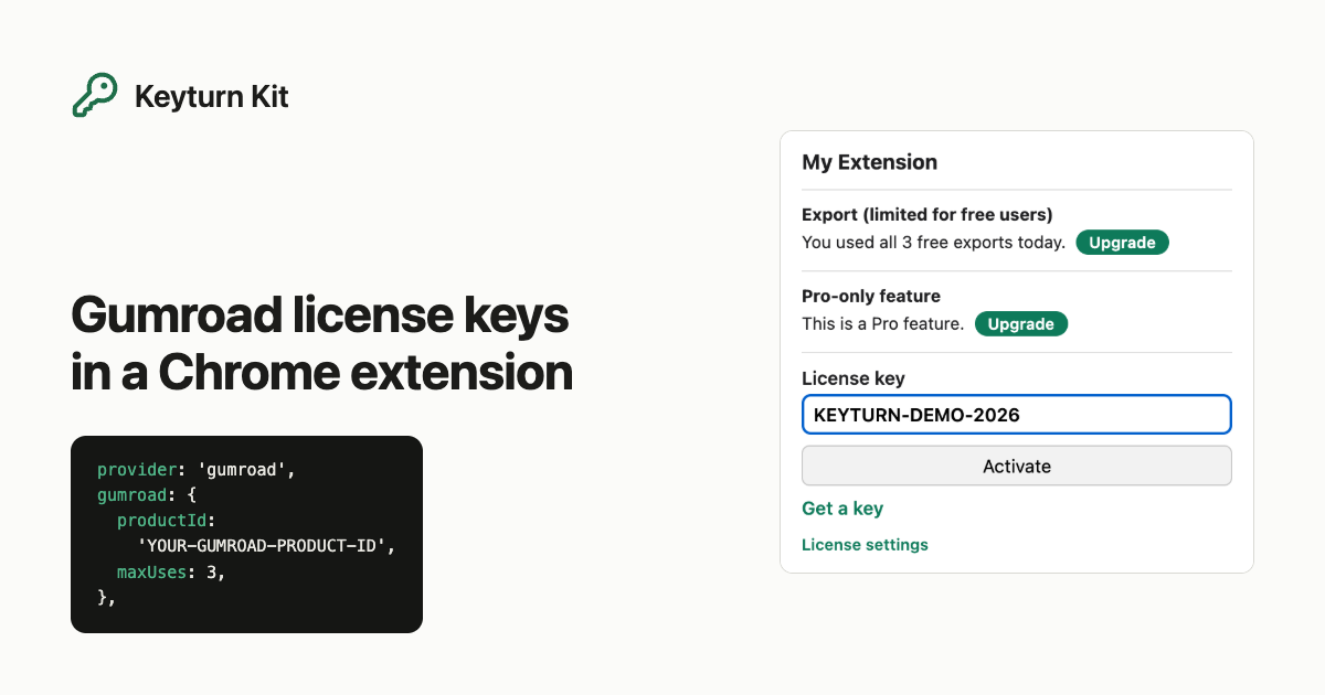 Keyturn Kit popup with a license key typed in, next to the Gumroad lines of its config file