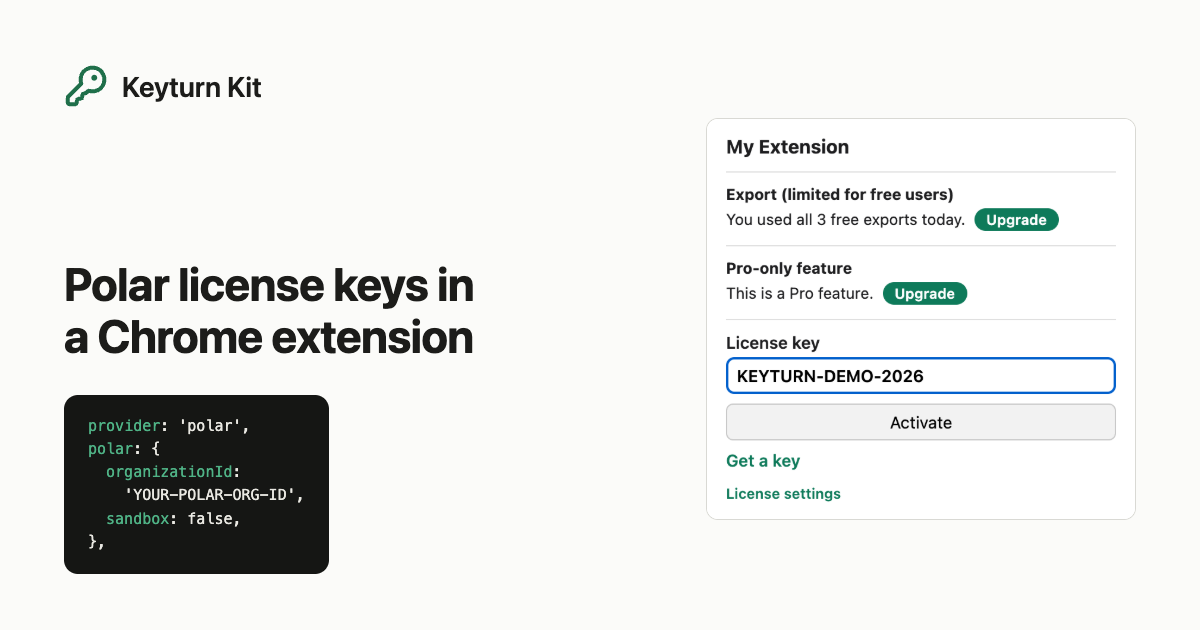 Keyturn Kit popup with a license key typed in, next to the Polar lines of its config file