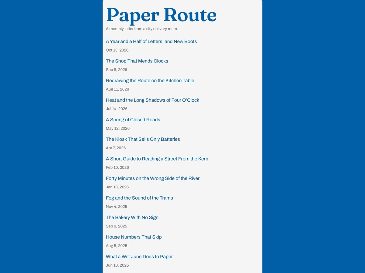 Paper Route home page in the light scheme: the title and the list of issues