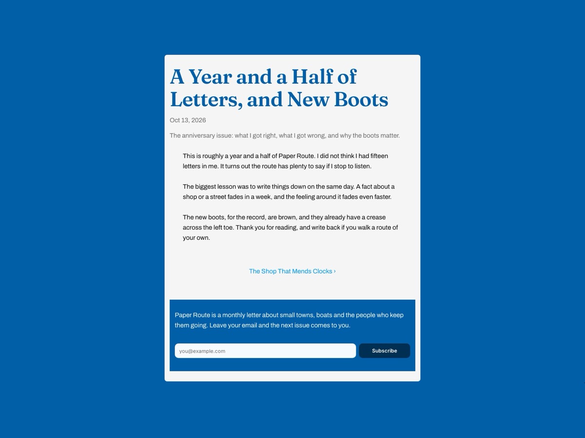 A Paper Route issue page: title, date, summary and text
