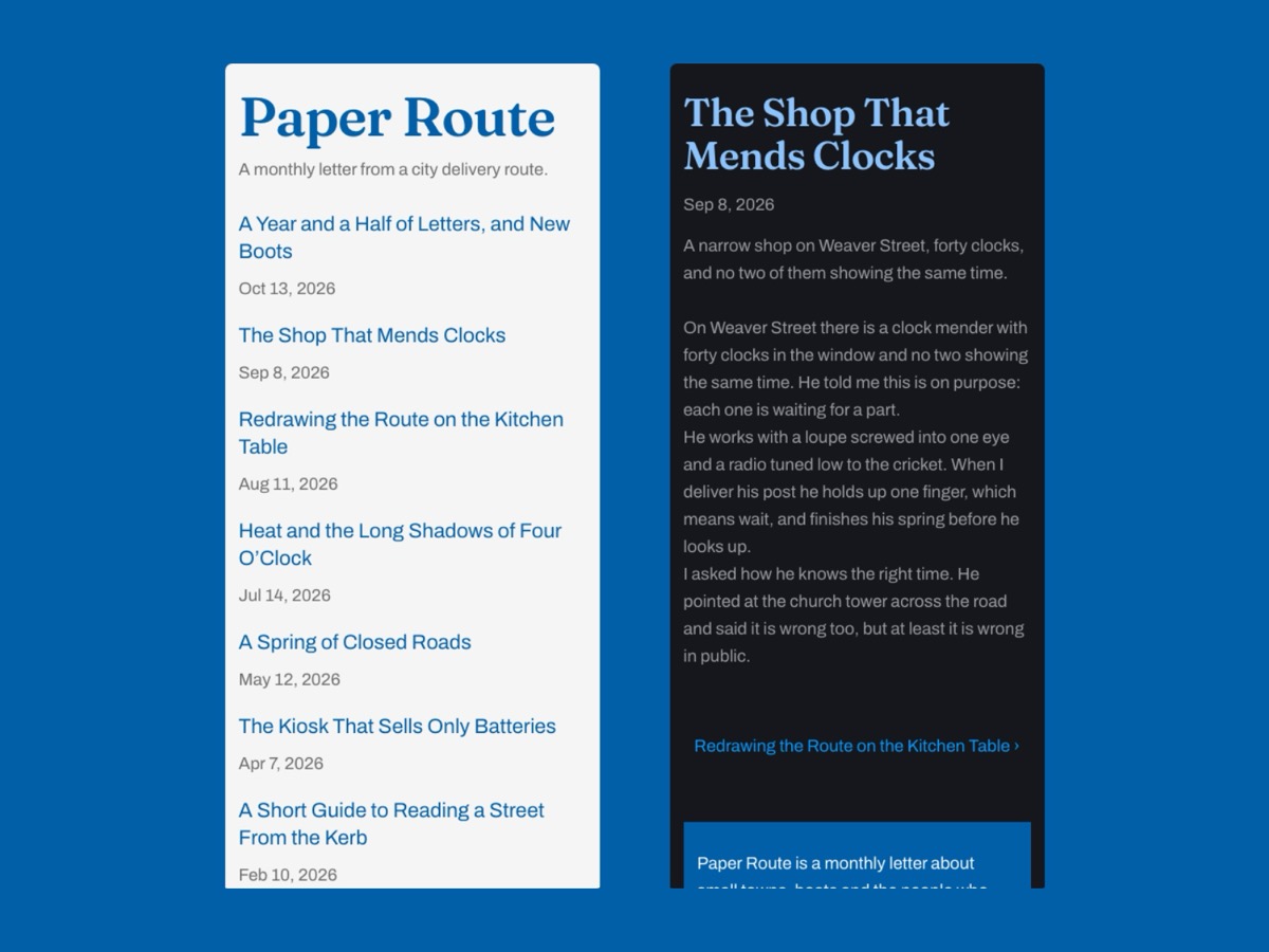 Paper Route on a phone: the archive in light and an issue in dark