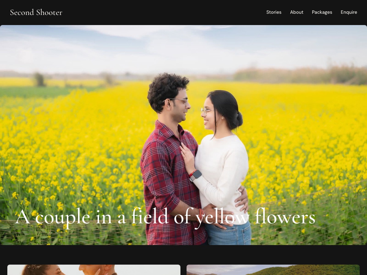 Second Shooter home page: the newest story as a full-width photo with its title, then the next stories as photo cards