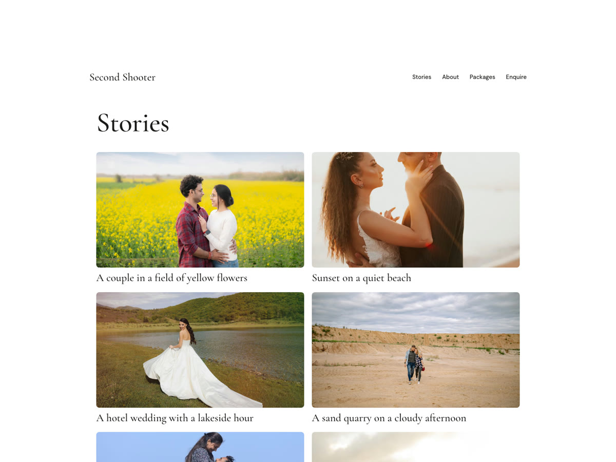 The Second Shooter stories page with every story as a photo card