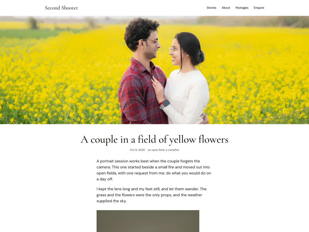 A Second Shooter story page: full-width cover, title, date and place, then the text