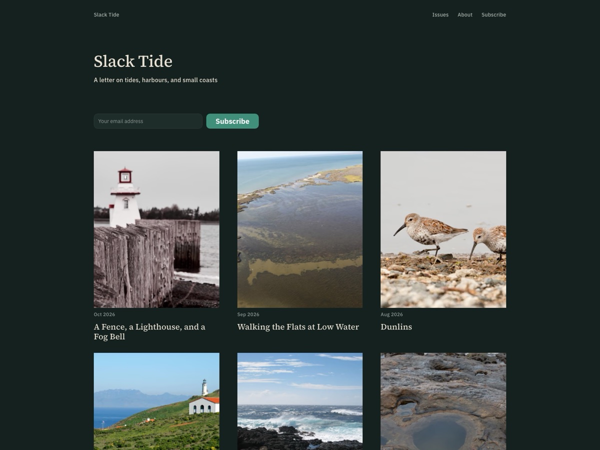 Slack Tide home page in the dark scheme: masthead, subscribe form and the first row of issues