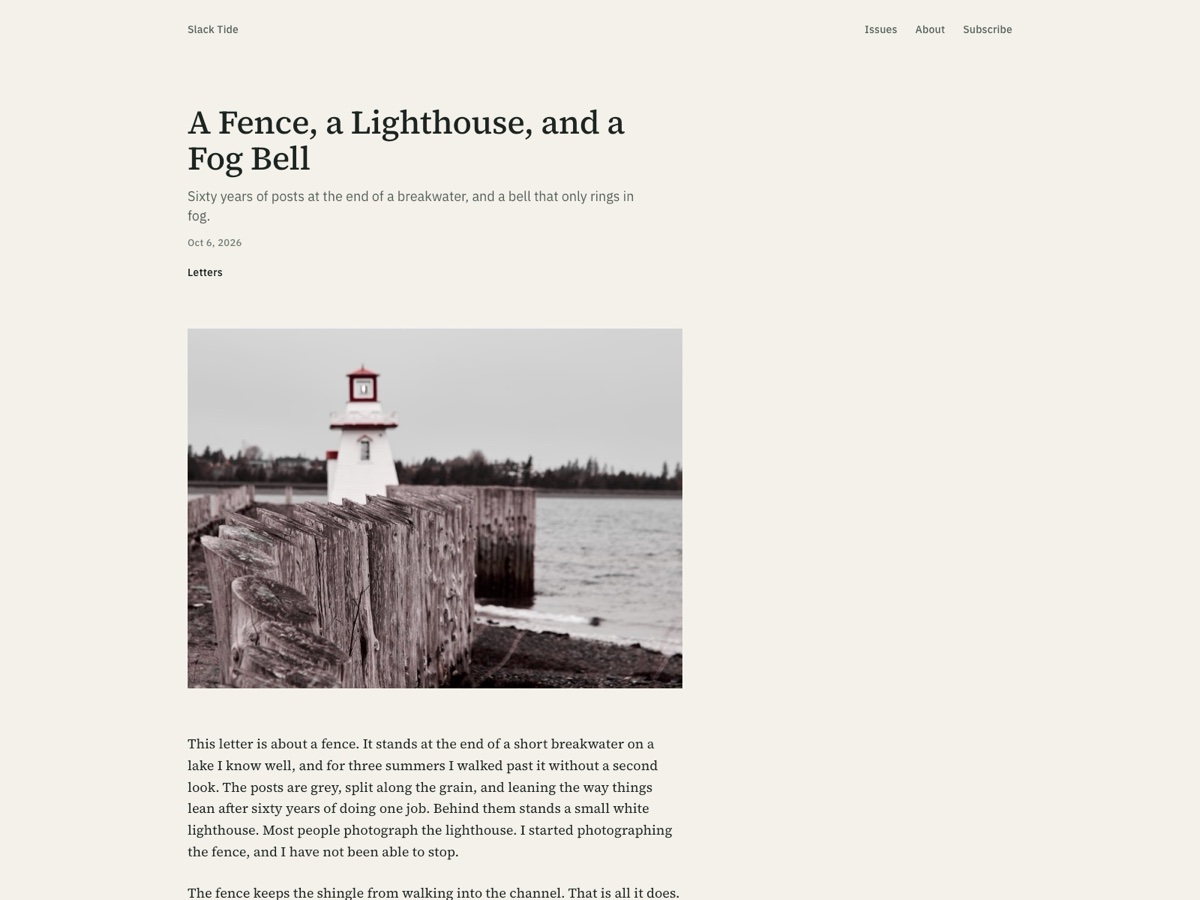 A Slack Tide issue page in the light scheme: title, subtitle, date, cover and text